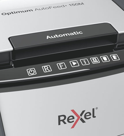 Rexel Optimum AutoFeed 150M paper shredder with microsnippers for office security and electronic document destruction.