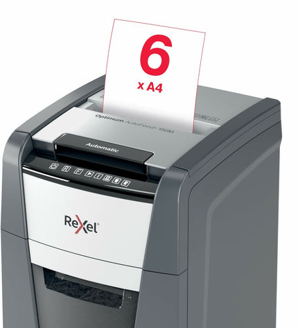 Rexel Optimum AutoFeed 150M paper shredder microsnippers for office use, showing the compact shredder device and shred paper.