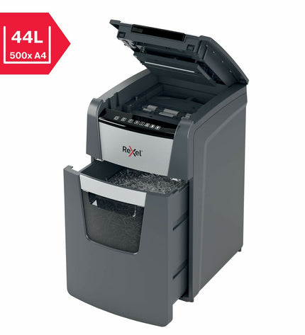 Rexel Optimum AutoFeed 150M paper shredder for office use, with metal blades and compact design for secure document destruction.