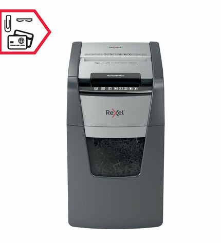 Rexel Optimum AutoFeed 150M paper shredder with sleek design, office electronics for secure document disposal.