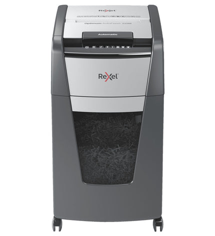 Rexel AutoFeed+ 225M paper shredder with 60-liter bin, office electronic device for secure document disposal.