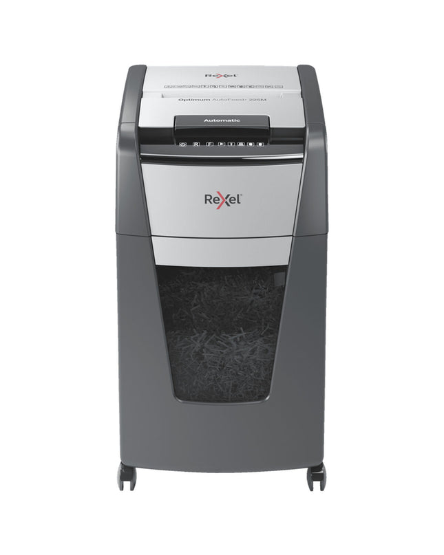 Rexel AutoFeed+ 225M paper shredder with 60-liter bin, office electronic device for secure document disposal.