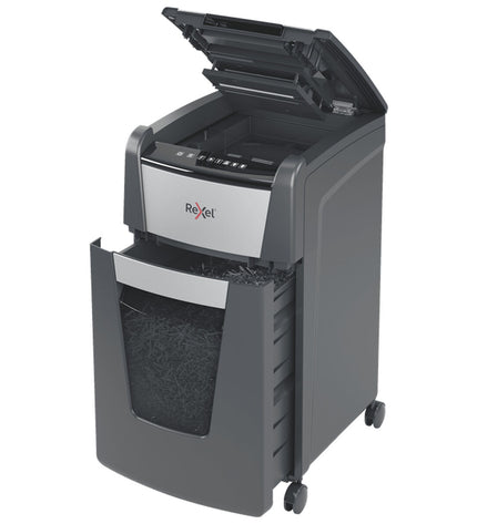 Rexel AutoFeed+ 225M paper shredder with 60-liter bin, office electronics and stationery, showing the shredder's front view.