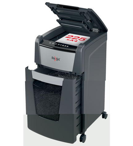 Rexel AutoFeed+ 225M paper shredder with 60-liter bin, office electronics and stationery, shown with shredded paper.