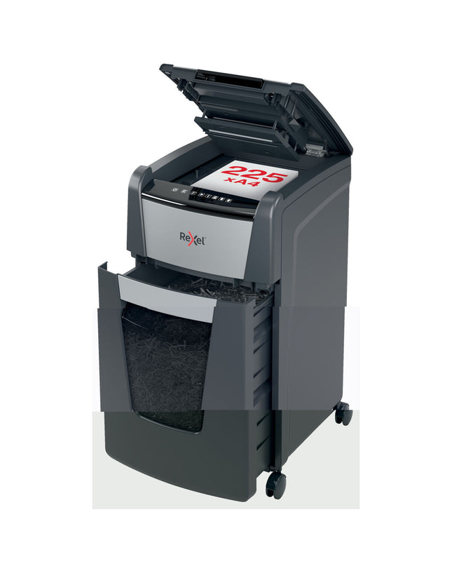 Rexel AutoFeed+ 225M paper shredder with 60-liter bin, office electronics and stationery, shown with shredded paper.