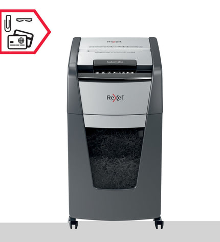 Rexel AutoFeed+ 225M paper shredder with 60-liter bin, office electronics and stationery, showing the shredder's front view.