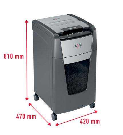 Rexel AutoFeed+ 225M paper shredder for office use, with 60L bin and microsnippers, designed for secure document disposal.