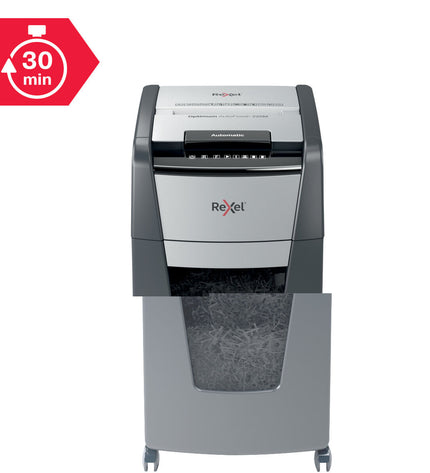 Rexel AutoFeed+ 225M paper shredder with 60-liter bin, office electronics and stationery, white and gray shredder in a workspace