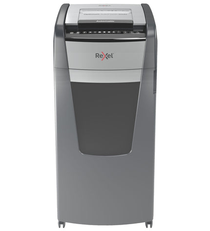 Rexel AutoFeed+ 600M paper shredder for office use, showing the compact design and paper input slot in a workspace setting.