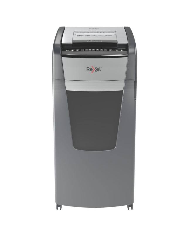 Rexel AutoFeed+ 600M paper shredder for office use, showing the compact design and paper input slot in a workspace setting.