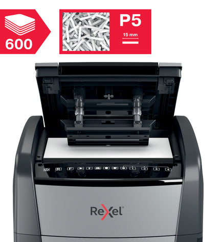 Rexel AutoFeed+ 600M paper shredder with metal casing and control panel for office document security.