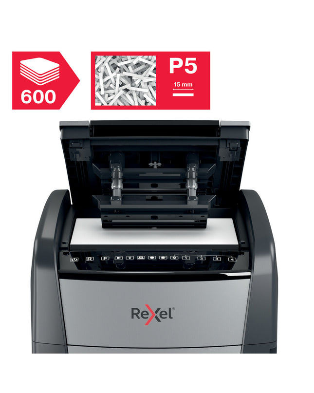 Rexel AutoFeed+ 600M paper shredder with metal casing and control panel for office document security.
