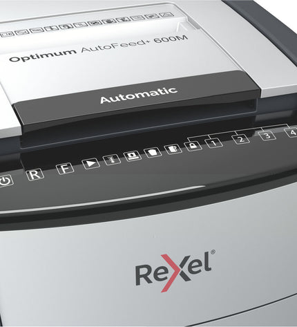 Rexel AutoFeed+ 600M paper shredder with metal housing and control panel, designed for office use.
