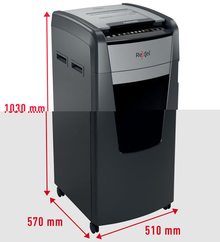 Rexel AutoFeed+ 600M paper shredder for office use, metal body with feed slot and control buttons in a professional office setting.