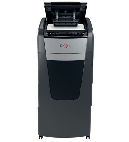 Rexel AutoFeed+ 600M paper shredder microsnippers for office use, with a compact design and automatic feeding feature.