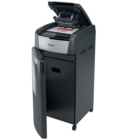 Rexel AutoFeed+ 750X paper shredder for office use, with large capacity and electronic security features.