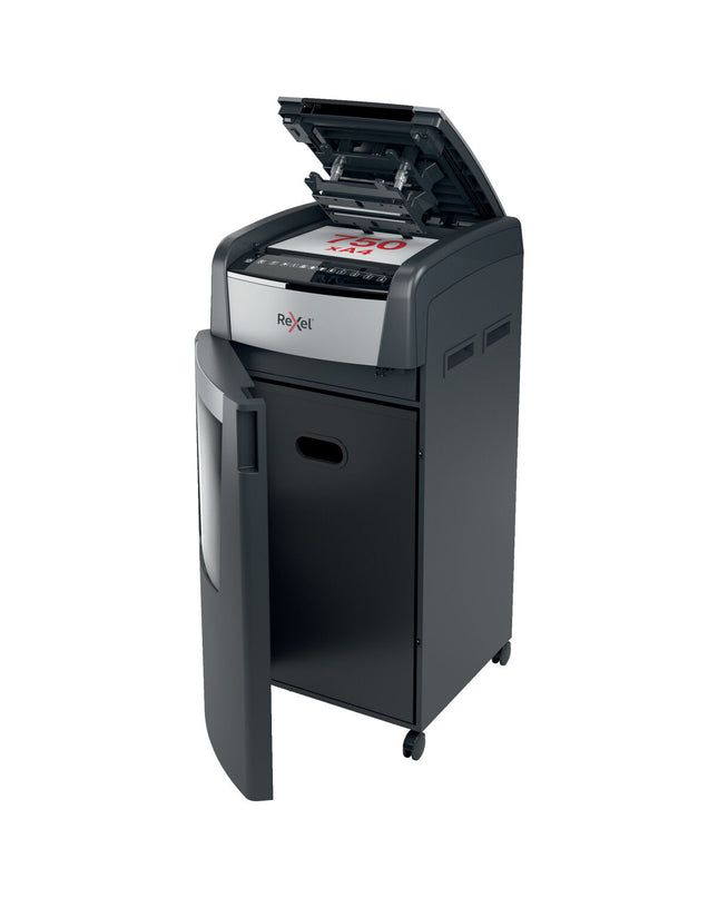 Rexel AutoFeed+ 750X paper shredder for office use, with large capacity and electronic security features.