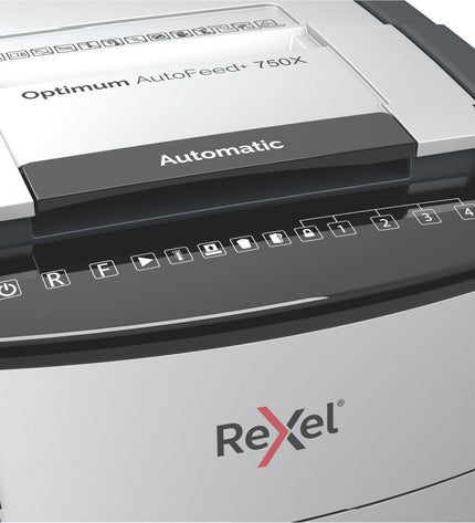 Rexel AutoFeed+ 750X paper shredder with metal top and paper entry slot for office use, showing the device's front view.