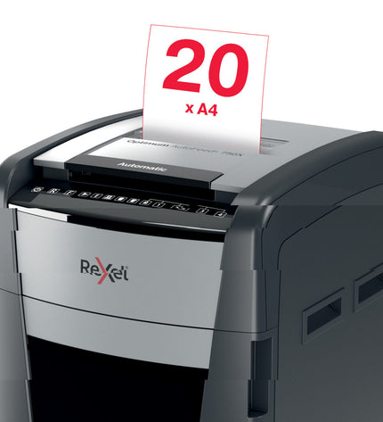 Rexel AutoFeed+ 750X paper shredder for office use, with automatic feed and compact design, suitable for secure document disposal.