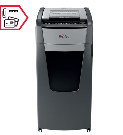 Rexel AutoFeed+ 750X paper shredder for office use, with paper entry slot and control panel visible in the image.
