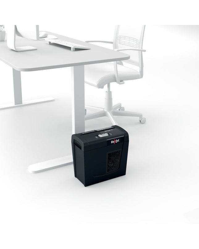 Rexel Secure X6 10L paper shredder for office use, with a compact design and safety features, suitable for document destruction.