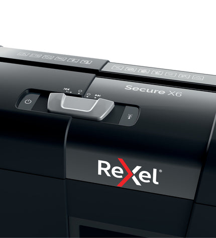 Rexel Secure X6 paper shredder with 10-liter waste bin for office use, featuring a sleek black design and safety features