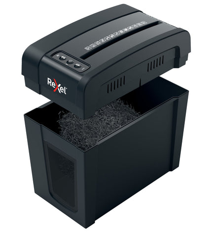 Rexel Secure X6-SL paper shredder with 10-liter bin for office use, showing the shredder's top and paper entry slot.