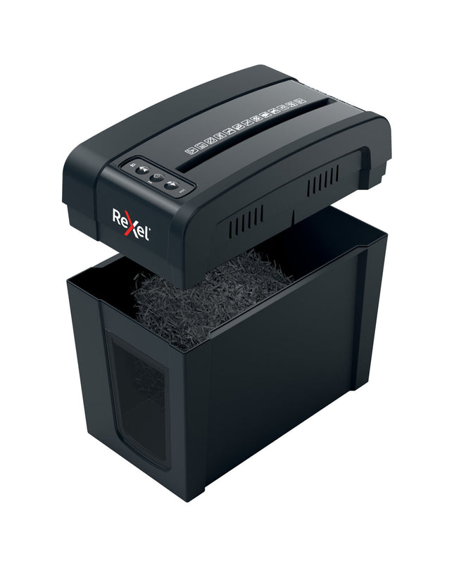 Rexel Secure X6-SL paper shredder with 10-liter bin for office use, showing the shredder's top and paper entry slot.