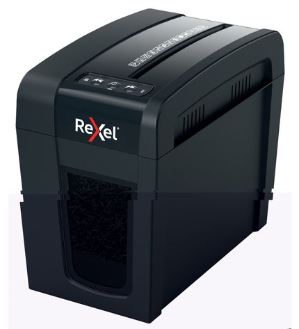 Rexel Secure X6-SL paper shredder with 10-liter bin for office document security and electronic shredding.