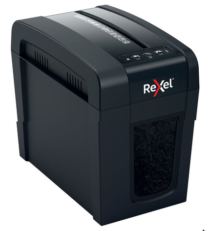 Rexel Secure X6-SL paper shredder with 10-liter waste bin, office electronics for secure document disposal.