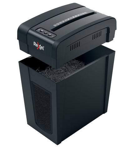 Rexel Secure X10-SL paper shredder for office use, showing shredder blades and compact design in a professional workspace.