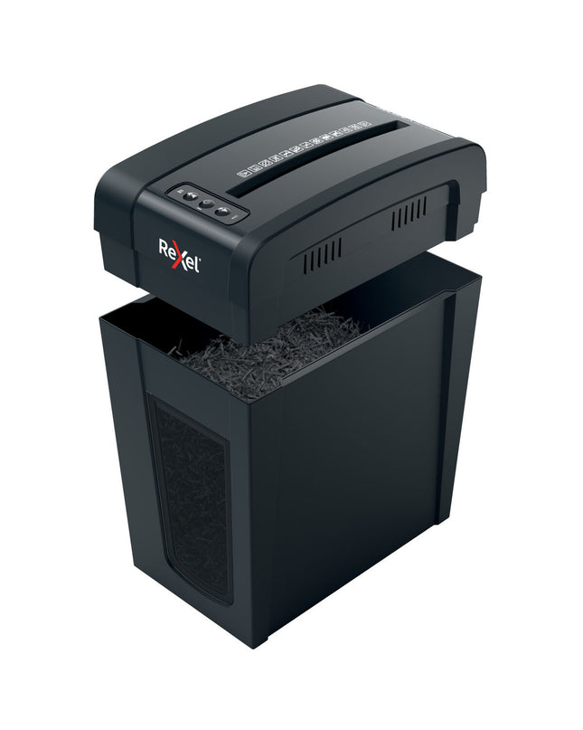 Rexel Secure X10-SL paper shredder for office use, showing shredder blades and compact design in a professional workspace.