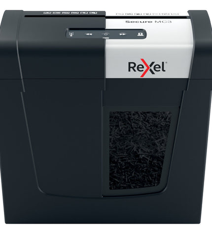 Rexel Secure MC3 microsnippers paper shredder in black with control panel and paper feed slot for office document security