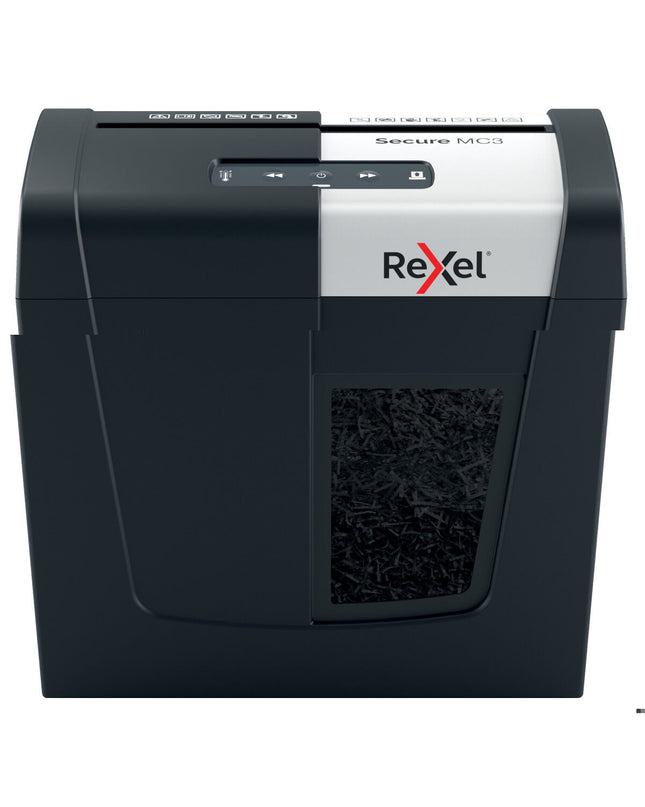 Rexel Secure MC3 microsnippers paper shredder in black with control panel and paper feed slot for office document security