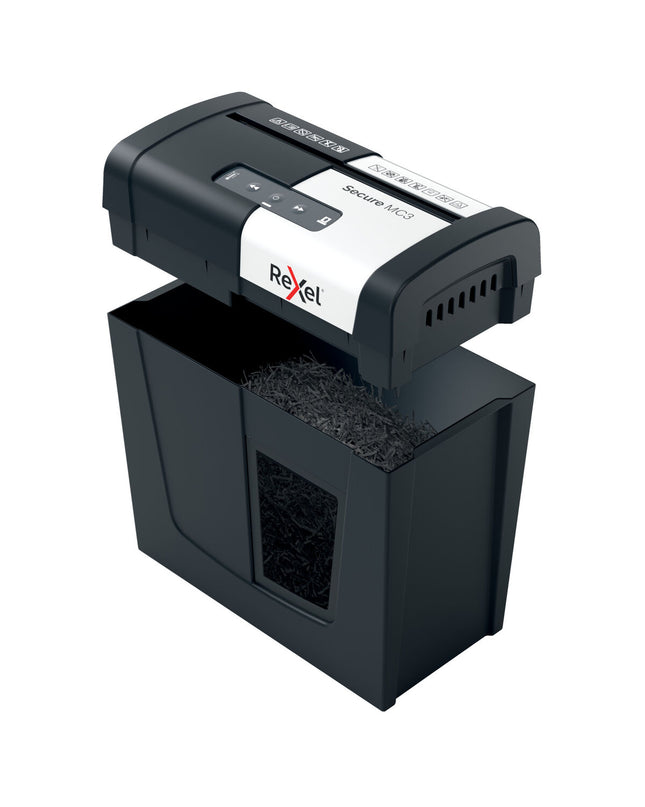 Rexel Secure MC3 paper shredder microsnippers for office use, compact office electronics with a 10-liter waste bin.