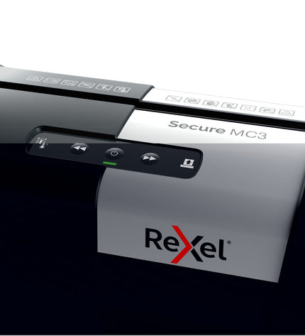 Rexel Secure MC3 10 L paper shredder with compact design and metal cutting blades for secure document disposal.