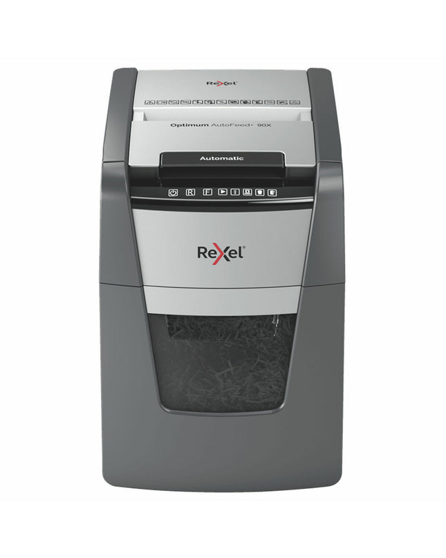 Rexel paper shredder model 2020090XEU in gray with 34-liter capacity for office paper shredding and document security