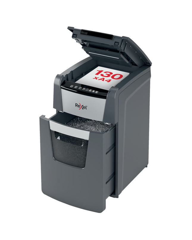 Rexel AutoFeed+ 130M paper shredder with metal blades, paper sheets, and electronic controls for office document security.