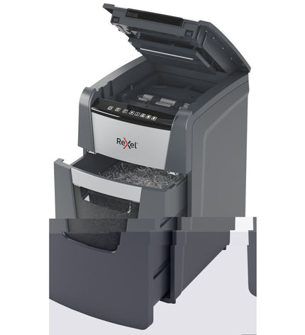 Rexel AutoFeed+ 130M paper shredder with paper sheets, office electronics, and shredder blades, used for secure document disposal