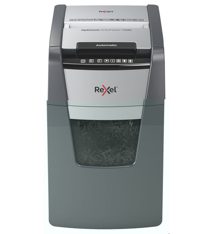 Rexel AutoFeed+ 130M paper shredder with microsnippers for office use, shown with shredded paper and electronic controls.