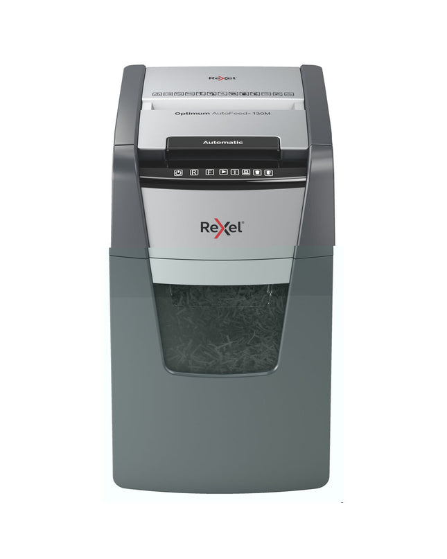 Rexel AutoFeed+ 130M paper shredder with microsnippers for office use, shown with shredded paper and electronic controls.