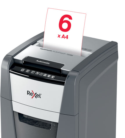 Rexel AutoFeed+ 130M paper shredder with metal cutting blades and paper intake for office shredding needs.