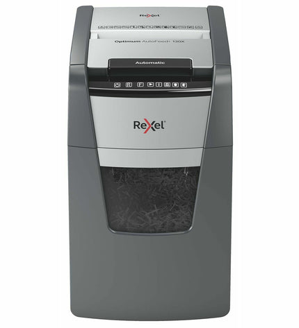 Black Rexel 2020130XEU paper shredder for office use, with a compact design and safety features.