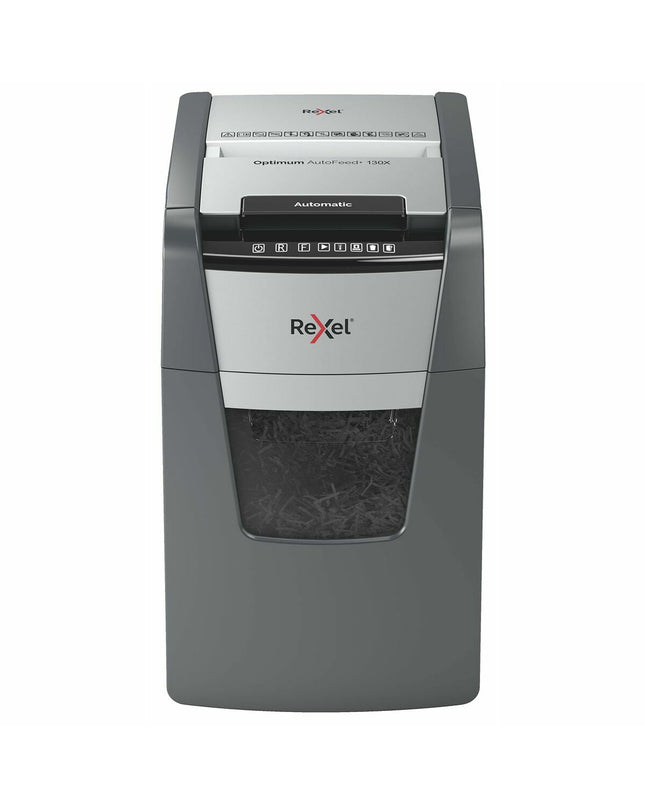 Black Rexel 2020130XEU paper shredder for office use, with a compact design and safety features.