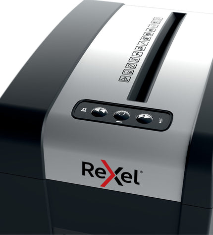 Rexel MC6-SL paper shredder for office use, compact design, with metal blades and control panel, ideal for document security.