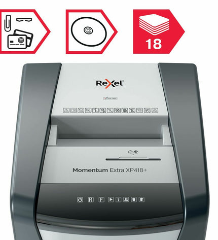 Rexel Momentum Extra XP418+ paper shredder with 45L waste bin, office electronic device for secure document disposal.