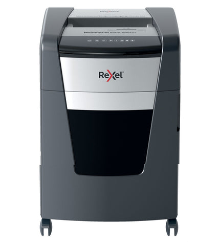 Rexel Momentum Extra XP512+ paper shredder with sleek black design for office use, featuring paper entry slot and control panel.