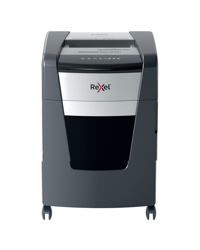 Rexel Momentum Extra XP512+ paper shredder with sleek black design for office use, featuring paper entry slot and control panel.