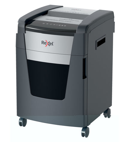 Rexel Momentum Extra XP512+ paper shredder for office use with metal cutting blades and compact design.