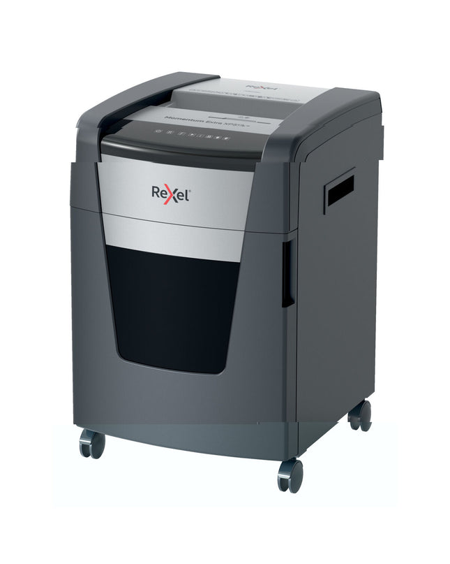 Rexel Momentum Extra XP512+ paper shredder for office use with metal cutting blades and compact design.